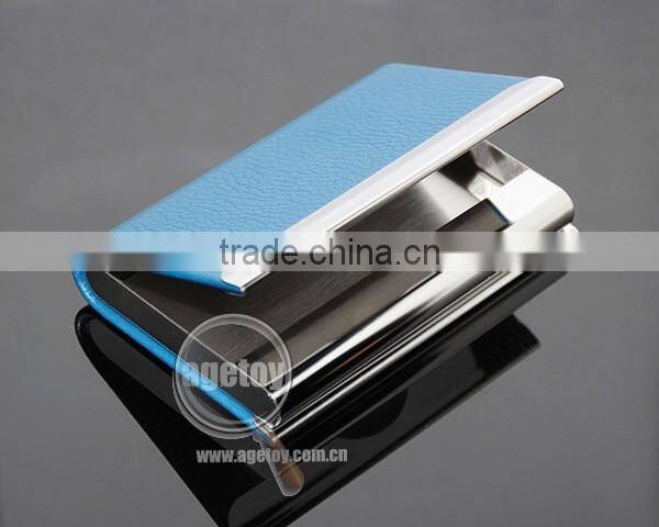High Quality Box Packing Lichee Pattern Blue Leather Flannelette Lining Stainless Steel Metal Novelty Leather Credit Card Holder