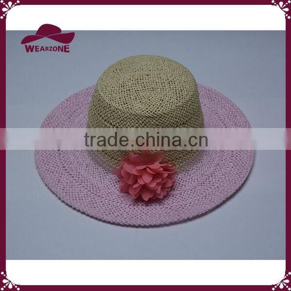 Girl pink straw sun hat paper floppy hat with colorful flower