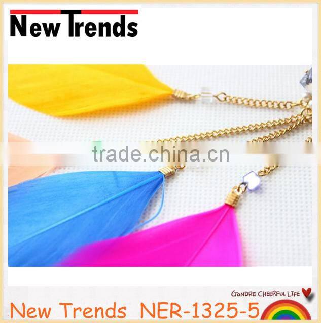 Fashion new design colorful long feather earring with clear crystal