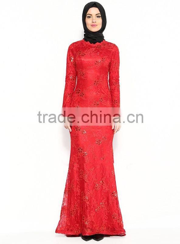 Elegant Red Lace applique Long sleeve muslim evening dress 2015(MUSL-1004)