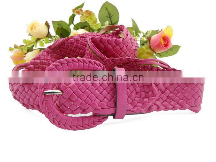 Ladies' Fashion Rosy Color PU Leather Woven Dress Belt with Wraped Buckle