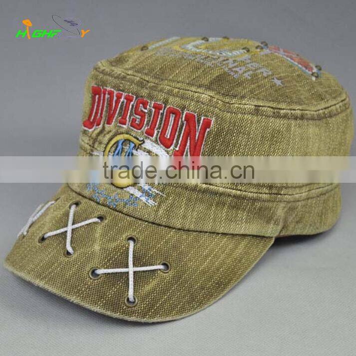 100% cotton fashion flat top army hat distress washed fitted military cap