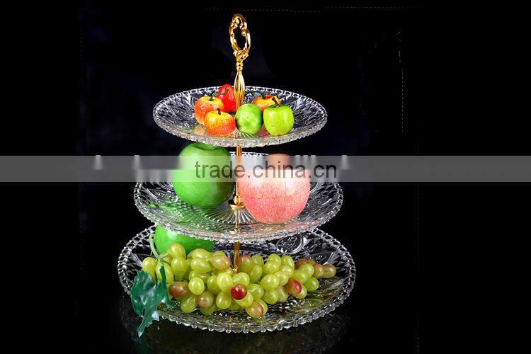 3pcs/set clear glass charger cake plate set with golden stand
