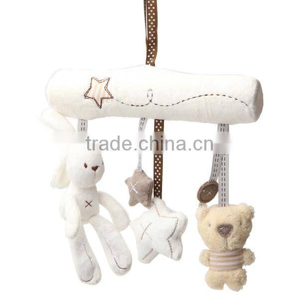 Wholesale custom Soft Plush Rabbit Beer Musical Baby Kids Hanging Bed Stroller Rattle toys