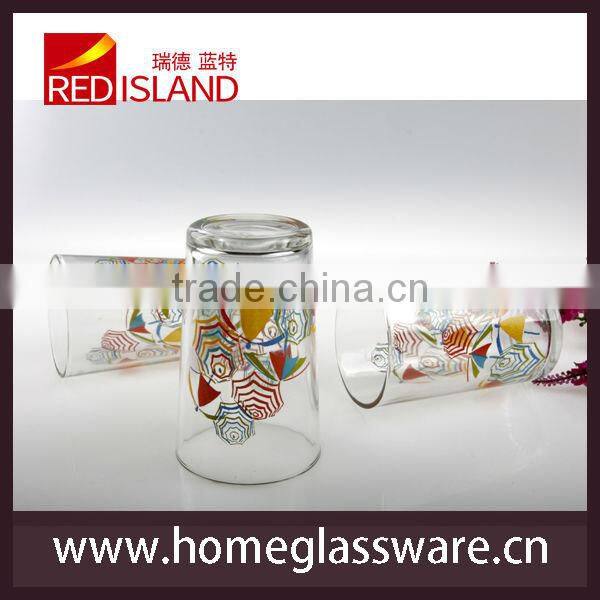 glass works supply drinking glass cup with decal, glass tumbler