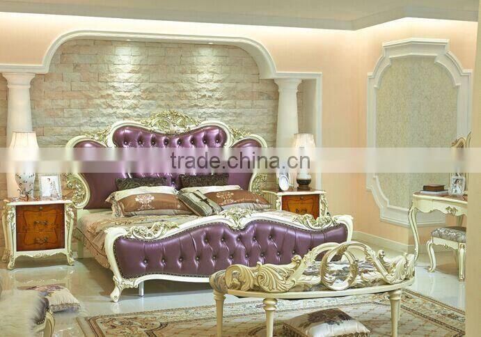European Style King Size Bed, Elegant Purple Wood Carving Bed, Royal Bedroom Furniture Set (BF01-ML027)