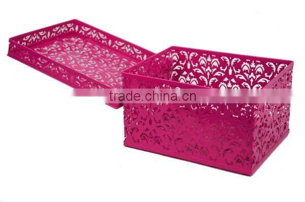 Metal punched Storage Basket with Lid, Spray-Painted, Red