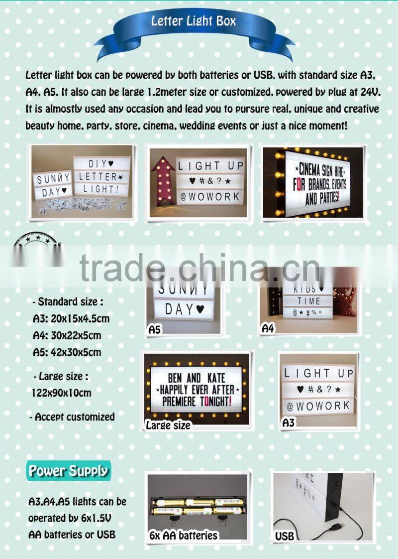 home decoration cinematic light box with letters