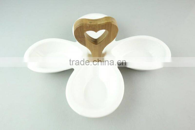 Wholesale ceramic white dinner plate divided serving platter & wooden handle