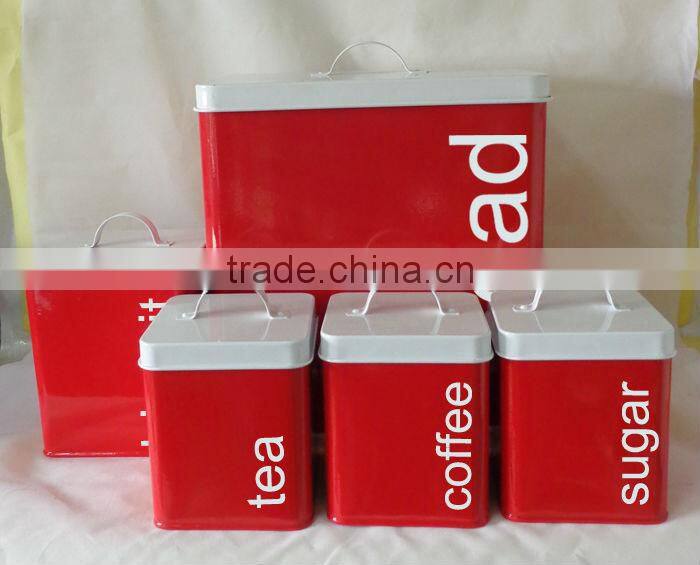 PCS 5 square red bread bin biscuit tea coffee sugar canister set