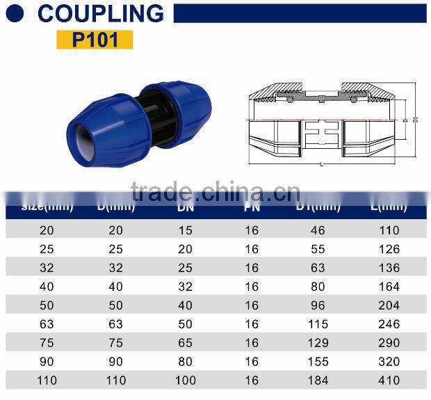 TY High quality PP compression fittings COUPLING eco-friendly Cheap Price Full Size factory price list discount
