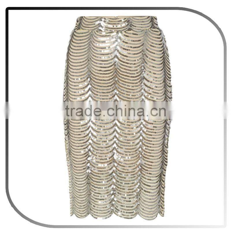 Shiny Golden Scallop Trims Lady Sequin Skirt
