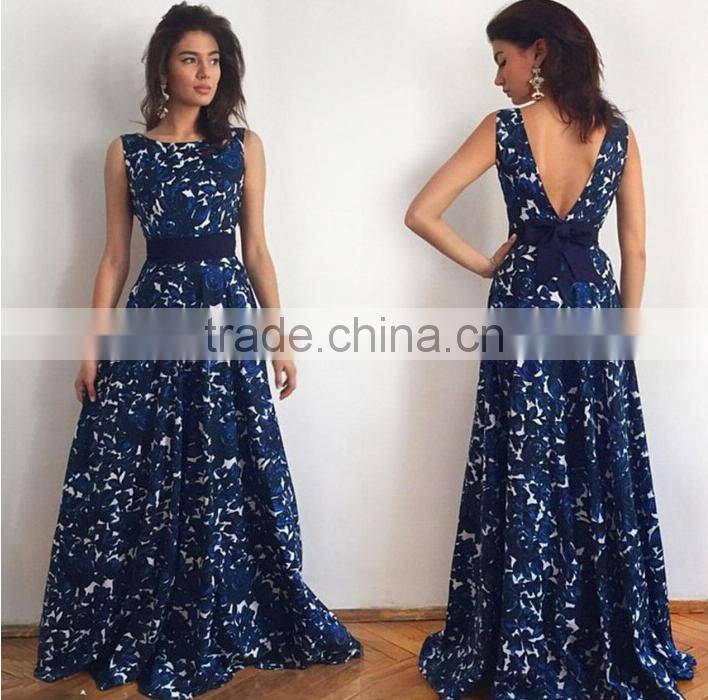 2016 latest new selling printed halter sleeveless formal long dress