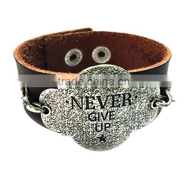 Brown/black color adjustable bracelets,inspirational words metal charm cuff bracelets,wide leather bracelet