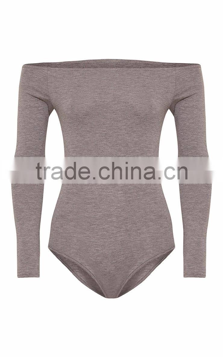 Women Underwear Plain Off Shoulder Sexy Tight Silm Fitness Basic Grey Round Neck Bodysuit