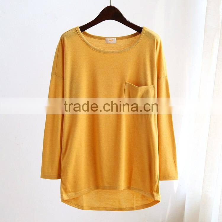 wholesale long sleeve casual women t-shirt with pocket
