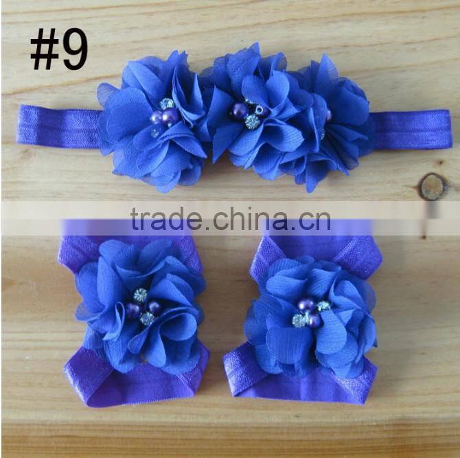 Hot 2014 fashion popular children's hand stitching Chiffon Rhinestone Flower Hair Band foot flower set and baby wrist flower