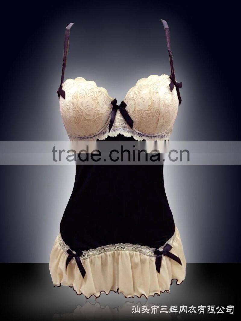 New arrival elegant sexy baby doll with fantasitic decorative flower and lace
