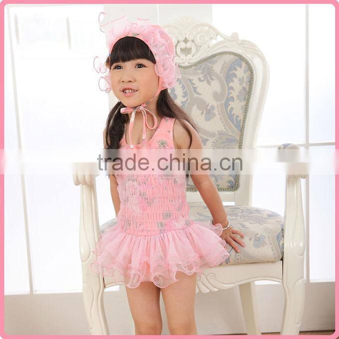 New Fashion Girls Summer Bathing Suit One-piece Nylon And PU Swimwear With Lace And Hat Chilren Princess Swim Dresses SR40416-10