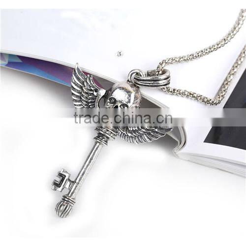 Jewelry Chain Necklace Key Skull Halloween Pendant Antique Silver Clear Cubic Zirconia 69cm