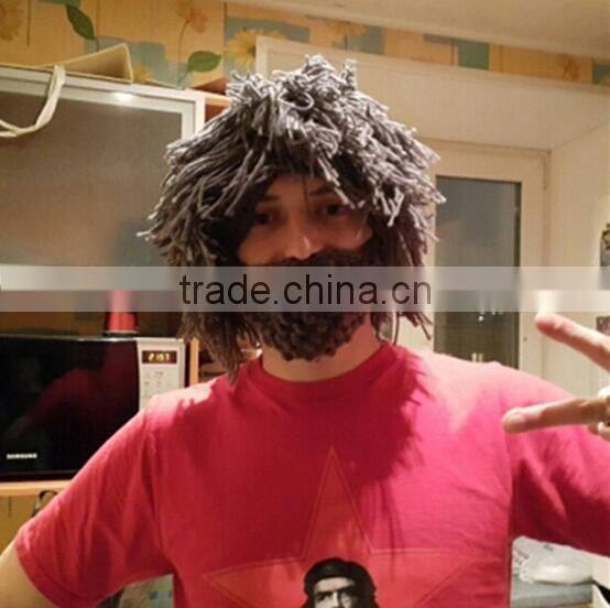 Hot Sell Men Barbarian Knit Crochet Beanie Hat Mad Scientist Wig Mustache Cap Beard Hat