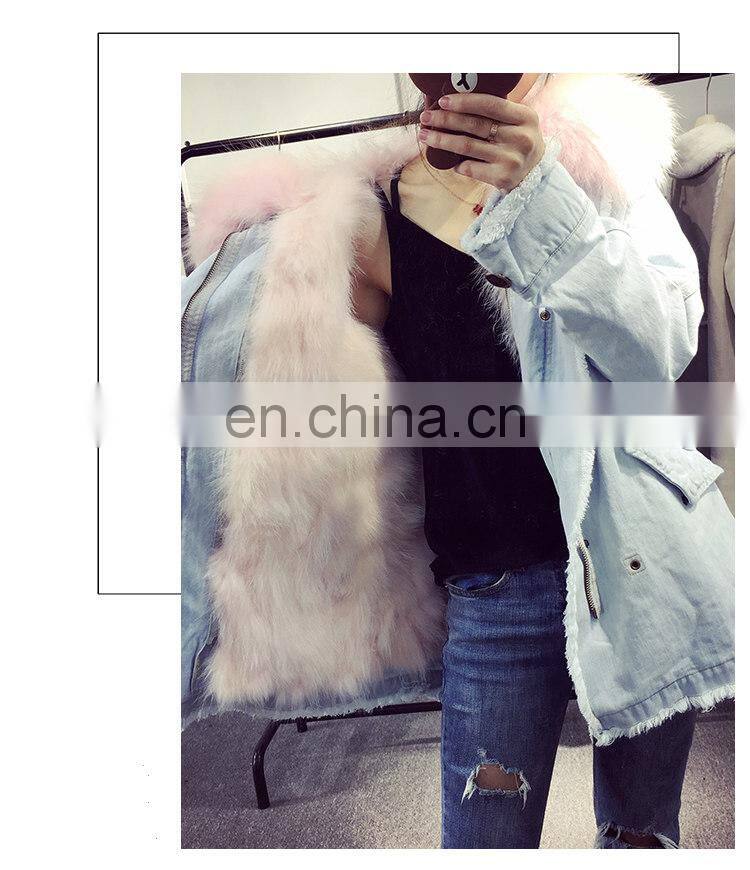Custom High Fashion Lady Autumn and Winter Cheap Genuine Raccoon Fur Lining Women Jean Coat