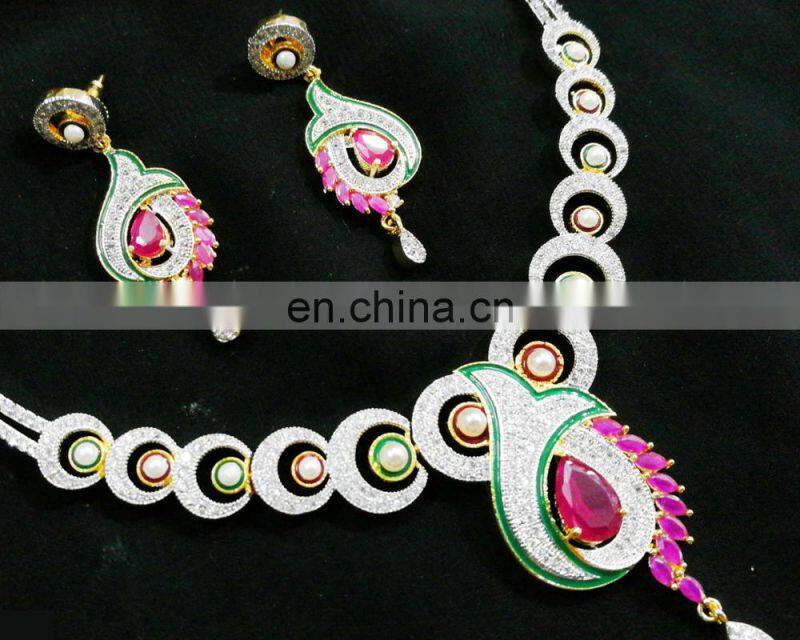 Modish Peacock Multi- Color Gold Plated American Diamond Jewelry Necklace Earrings Set