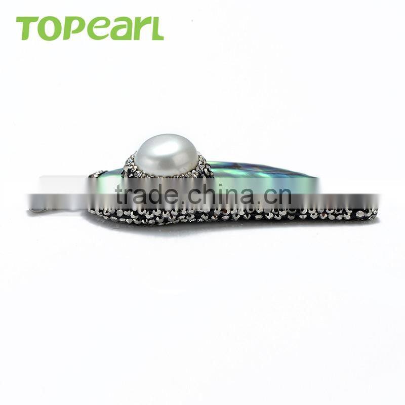 Topearl Jewelry 3pcs Charm Abalone Shell and White Freshwater Pearl Pendant Rhinestones Studded Pearl Pendant SPD10