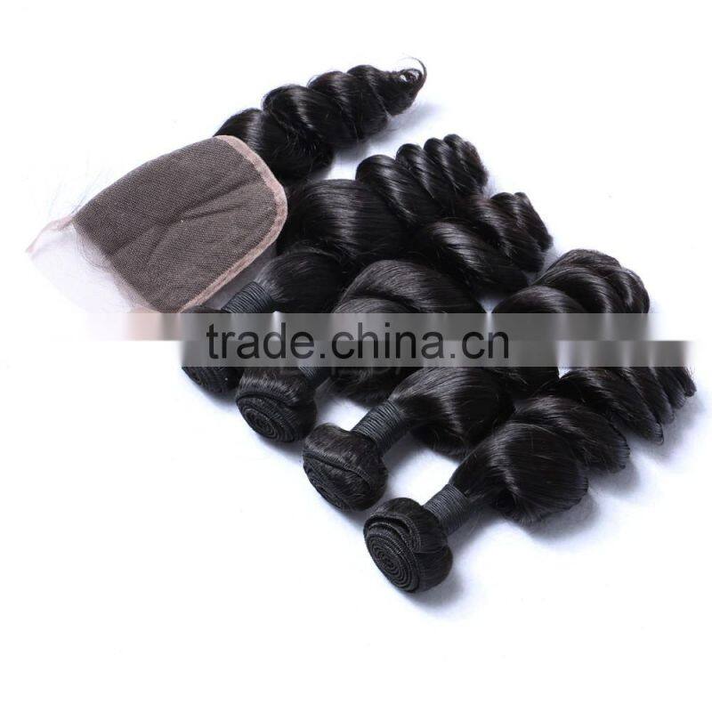 Mongolian virgin loose curly 3 bundles hair weaving with silk base or lace closure frontal