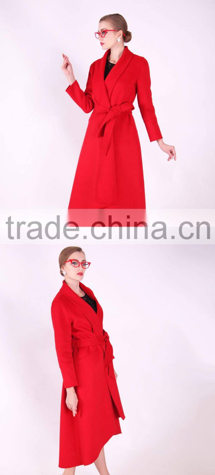 2016 New Design Spring Women Length Slim Fit Wool Coat With Belt