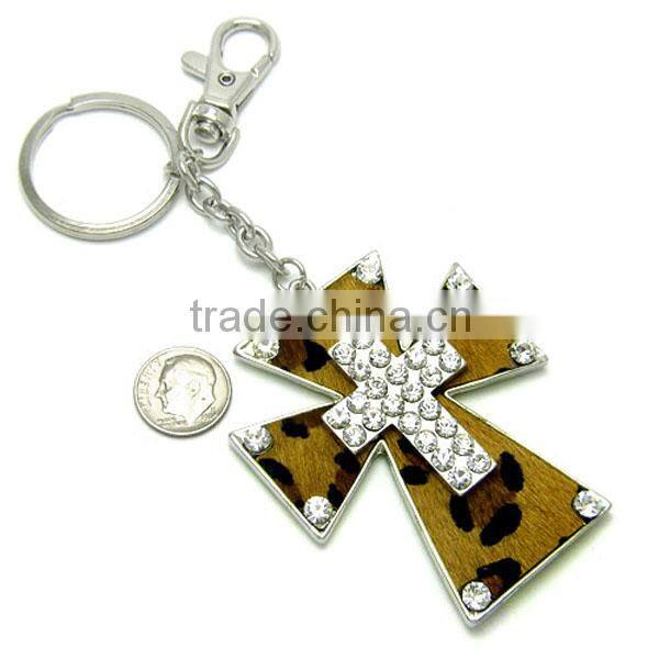Cross pendant accented keyring faux leopard fur and clear crystals keychain