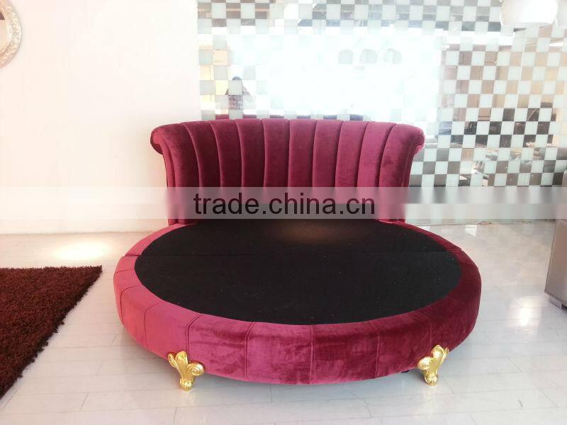 Hotel Bedroom Furniture Fabric Round Bed Glod Leaf Classic Solid Wood Legs DHR01