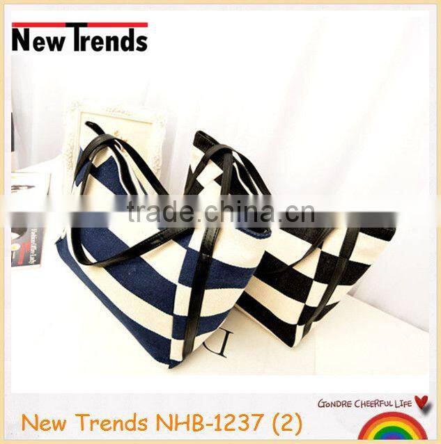 Blue and black stripes canvas handbag with PU shoulder