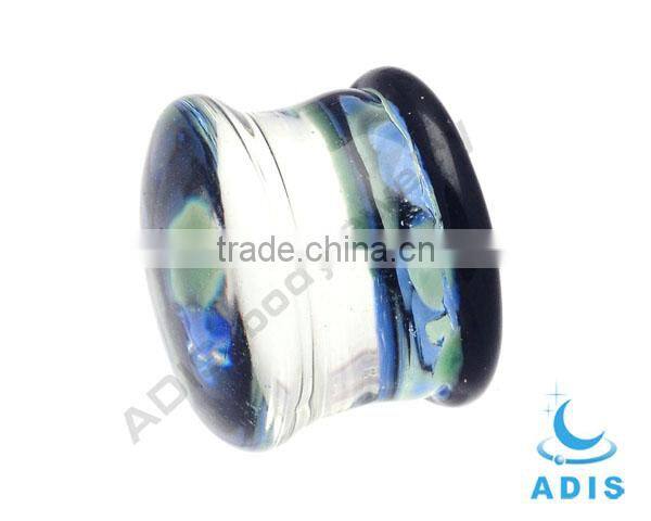 Dark blue bottom green strip earring pierce plug pyrex glass ear stretching