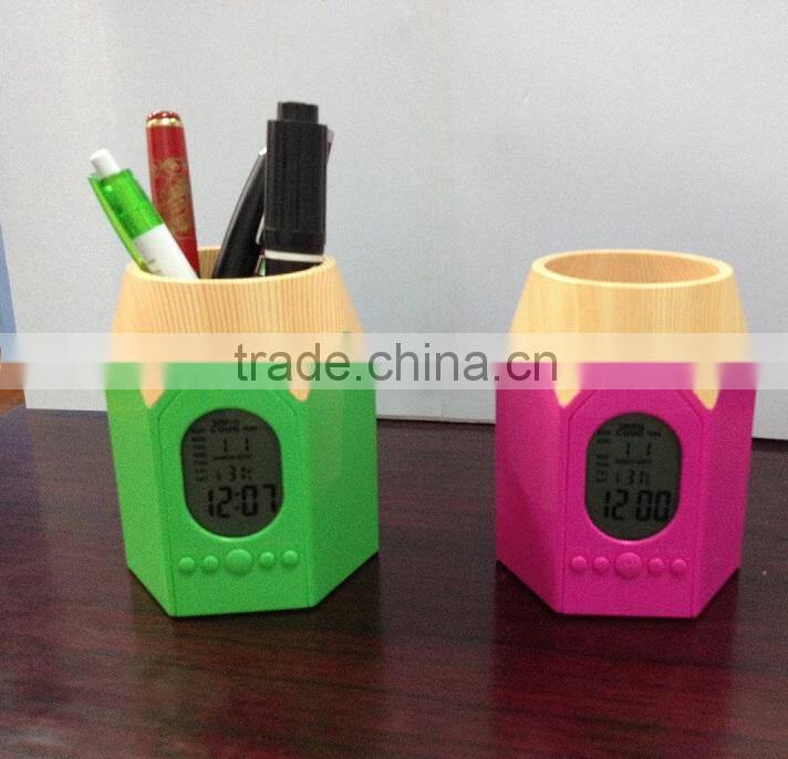 hot sale cheap digital led color change wooden pen holder clock