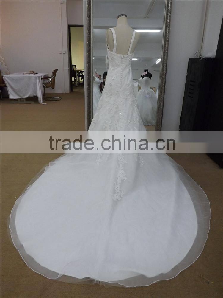 new arrival spaghetti strap full lace appliqued organze mermaid wedding dress