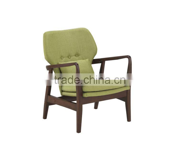 Mid-century walnut finished modern green fabric upholstered club chair with sleek polished wood arms