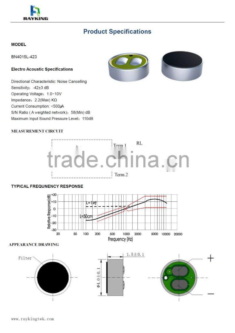 4mmx1.5mm 4015 noise cancelling microphone unit -42dB