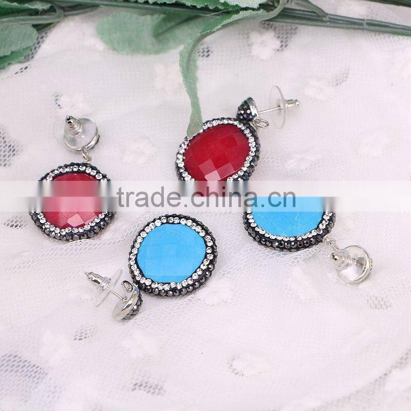 Natural Amethyst Amazon Turquoise Agate Labradorite Stone Earring, Round shape Pave Crystal Zircon Jewelry Stud Earring