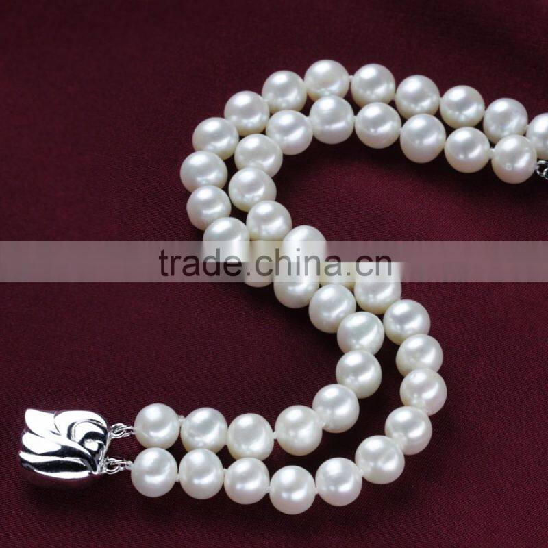 8mm AAA white near round white bridal wedding accessory freshwater natural double strand pearl bracelet