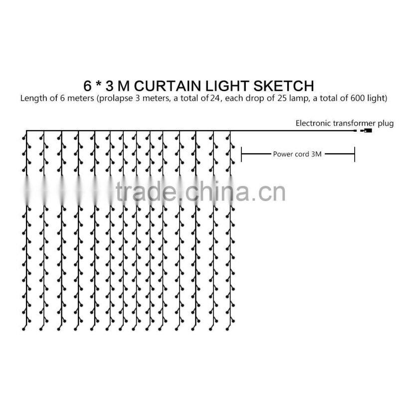 OEM Indoor/outdoor 110V/220V US/EU plug 3m*3m 600leds 25leds*24hang transparent wire white color hot sell