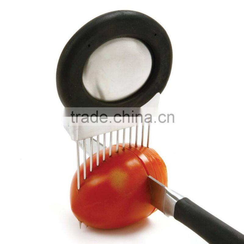 Onion Holder Vegetable Potato Cutter Slicer Gadget Stainless Steel Fork Slicing Odor Remover Kitchen Tool (Stainless steel)