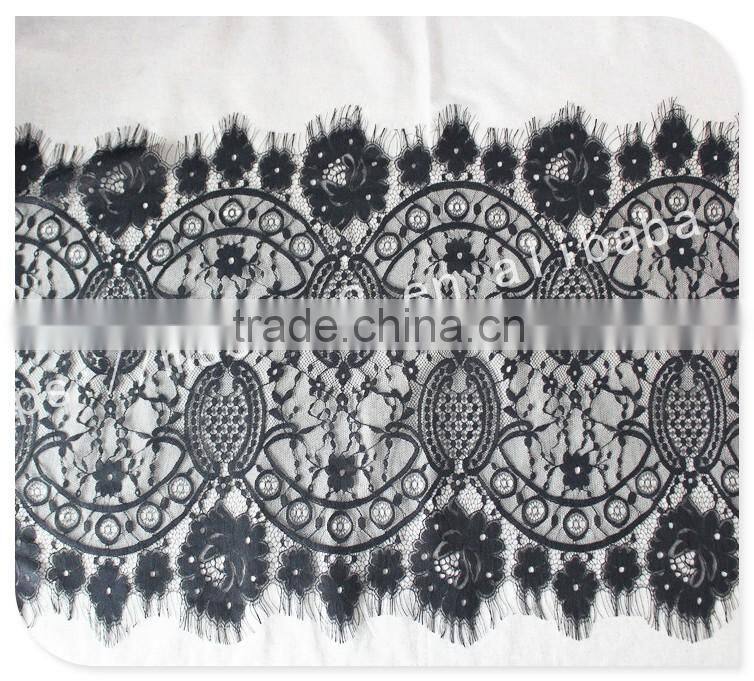 Good price 44cm width polyester floral eyelash black lace trim for sale