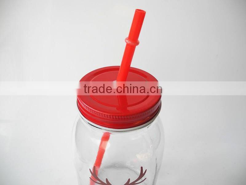 deer printed festival use ecofriendly glass mason jar with pipe