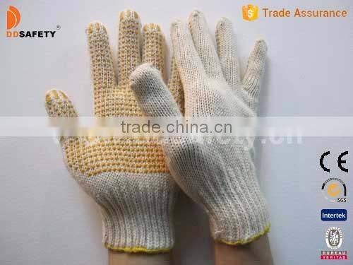 DDSAFETY 2017 7g Natural Cotton String Knitted Work Gloves with Yellow PVC Dotted on Palm Safety Gloves