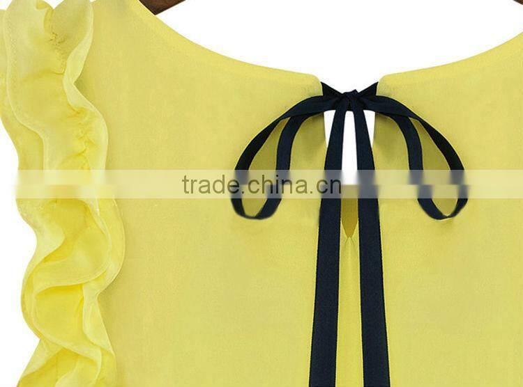 Plus Size Ladies Blouses 2015 New Summer Women Blouse O-Neck Lotus Leaf Casual Shirt Women Clothing Lacing Bow Chiffon Blouse