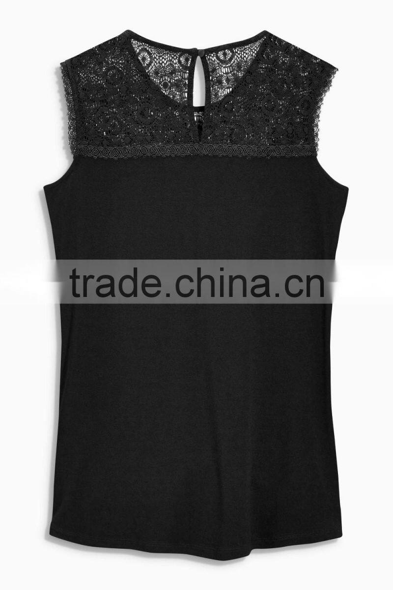 2016 Fashion Jersey Sleeveless Top With Beautiful Lace Yoke HST8033
