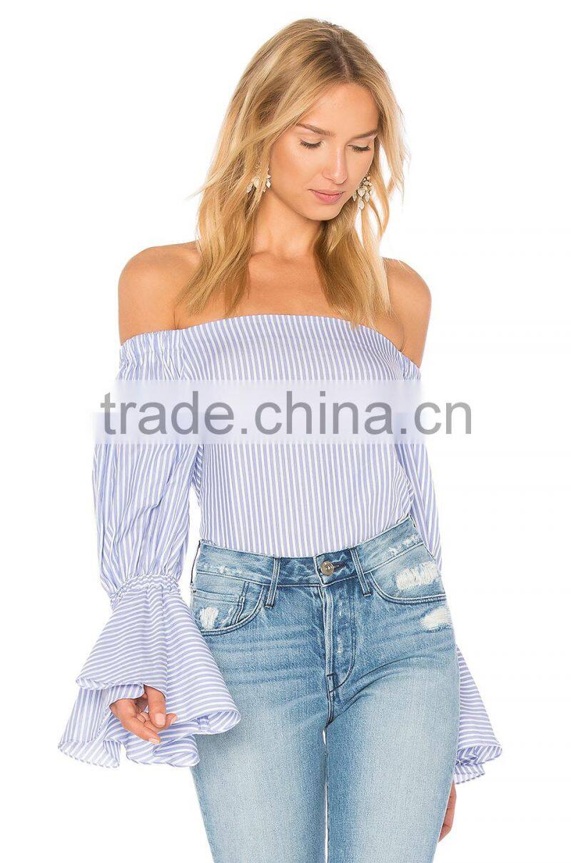 Wholesale Women Apparel Strapless Bell Sleeves Stripes Romantic Blouse(DQE0401T)