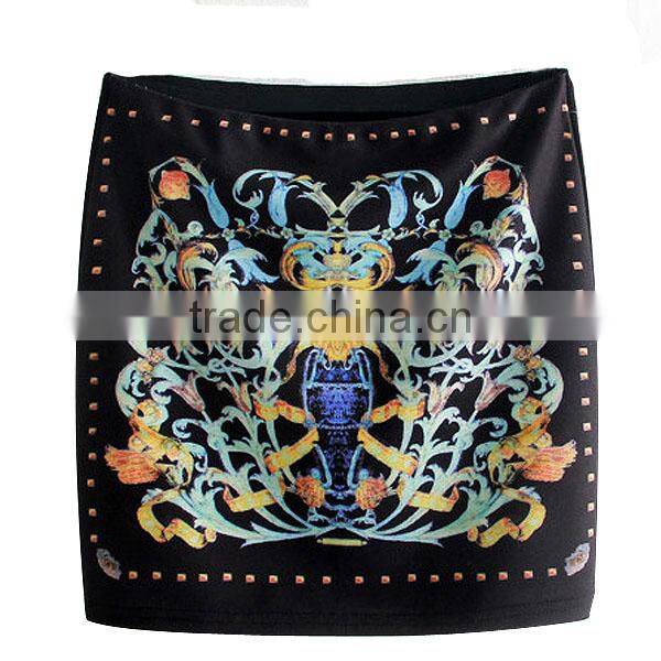 Hot selling ladies high quality pencil polyester printed shiny mini skirt