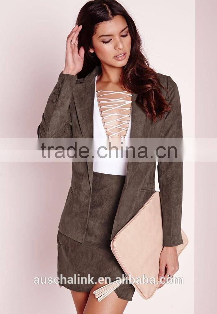 new arrival lady khaki faux suede office uniform blazer